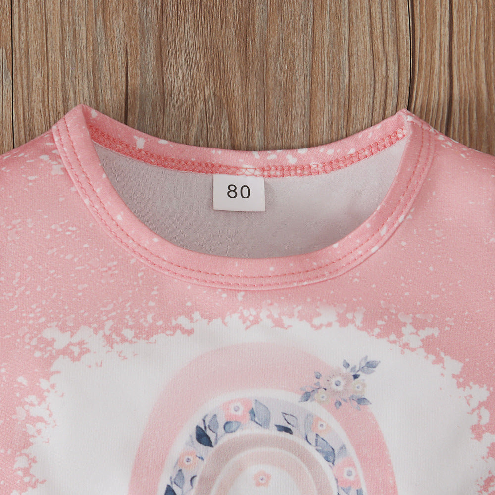 Wholesale Children's Rainbow Print Short Sleeve Bell Bottoms Two Piece Children's Clothing Set